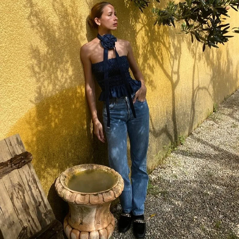 2025 Summer New Fashion Sexy Retro Cowboy Blue Tank Top with Flower Decoration and Folded Short Skincare Top Female Clothing