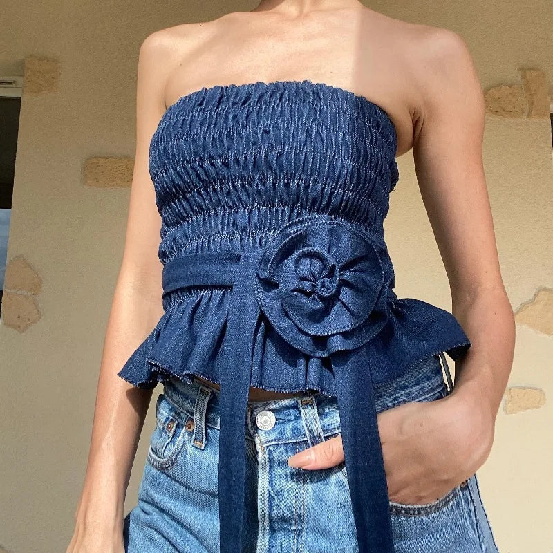 2025 Summer New Fashion Sexy Retro Cowboy Blue Tank Top with Flower Decoration and Folded Short Skincare Top Female Clothing